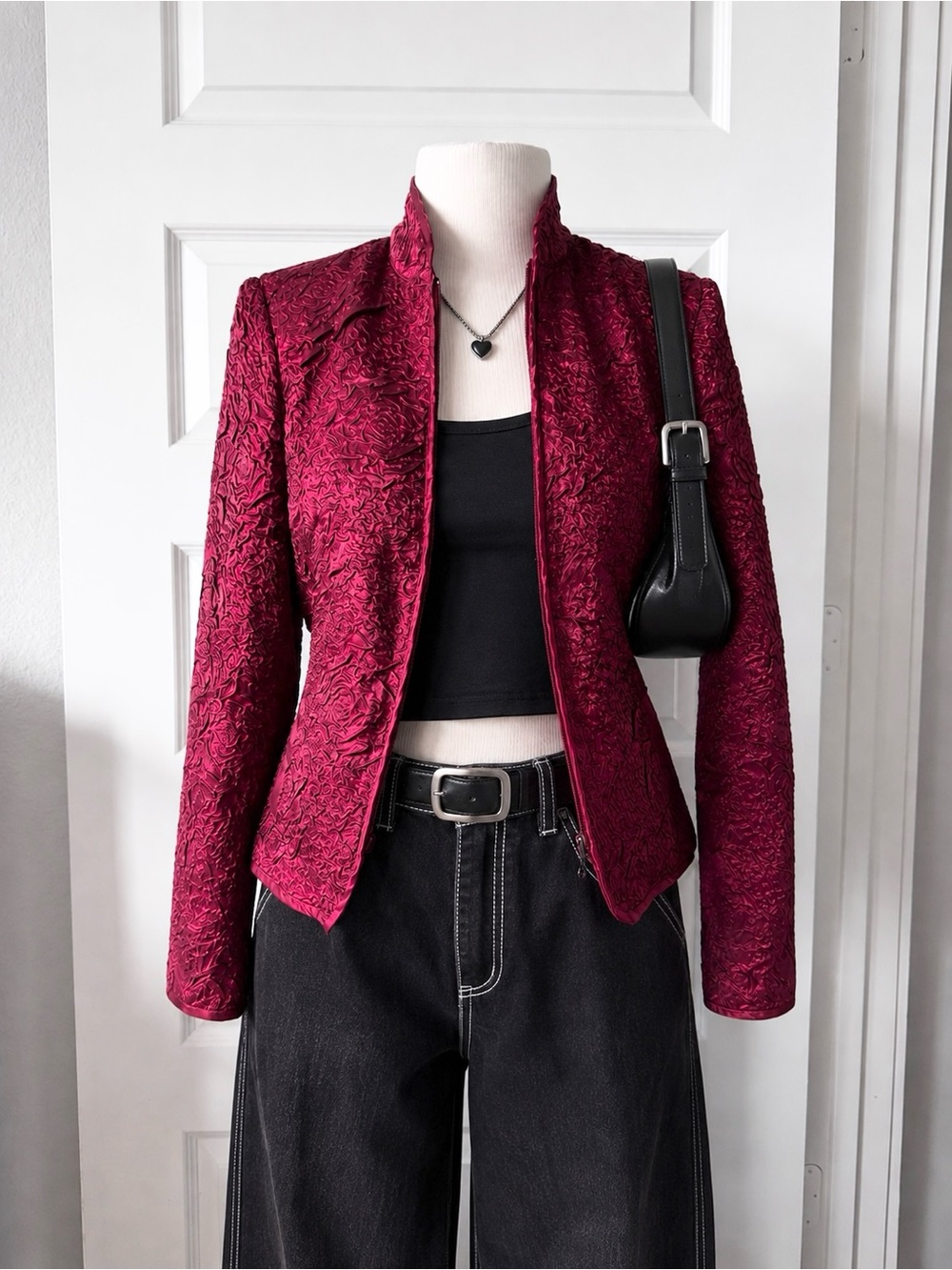 Vintage Victor Costa Burgundy Crushed Satin Rosette Textured Zip Jacket Size 6